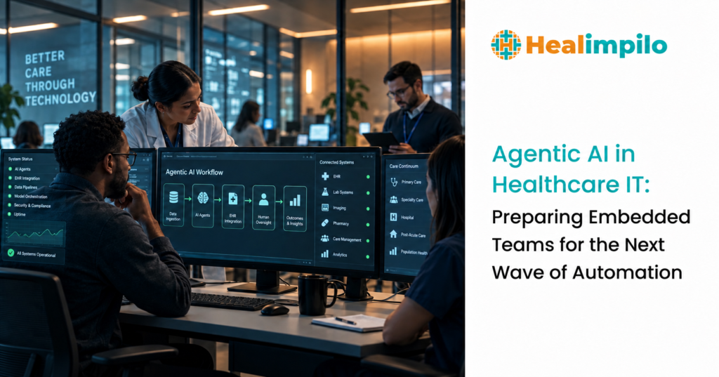 Healthcare engineering team overseeing an agentic AI workflow with security, integration, and human oversight