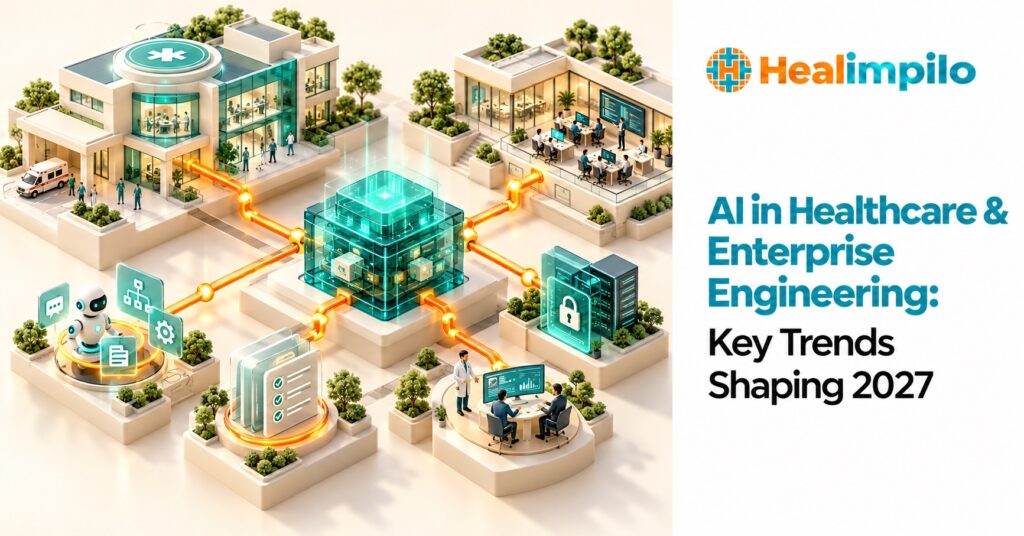 Healthcare and enterprise engineering campus connected through AI workflows, governance, and secure infrastructure
