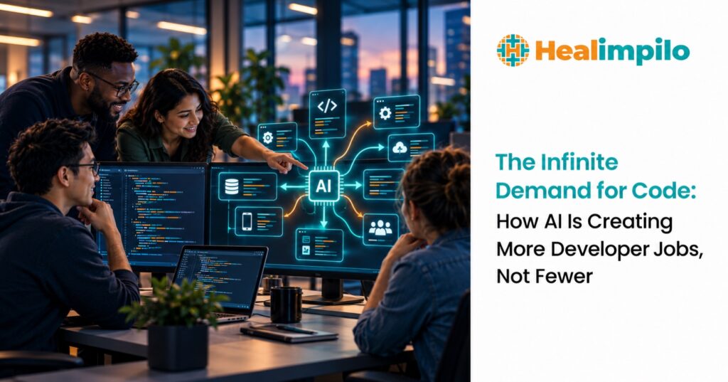 Software engineering team directing an AI-assisted development ecosystem that expands developer opportunities