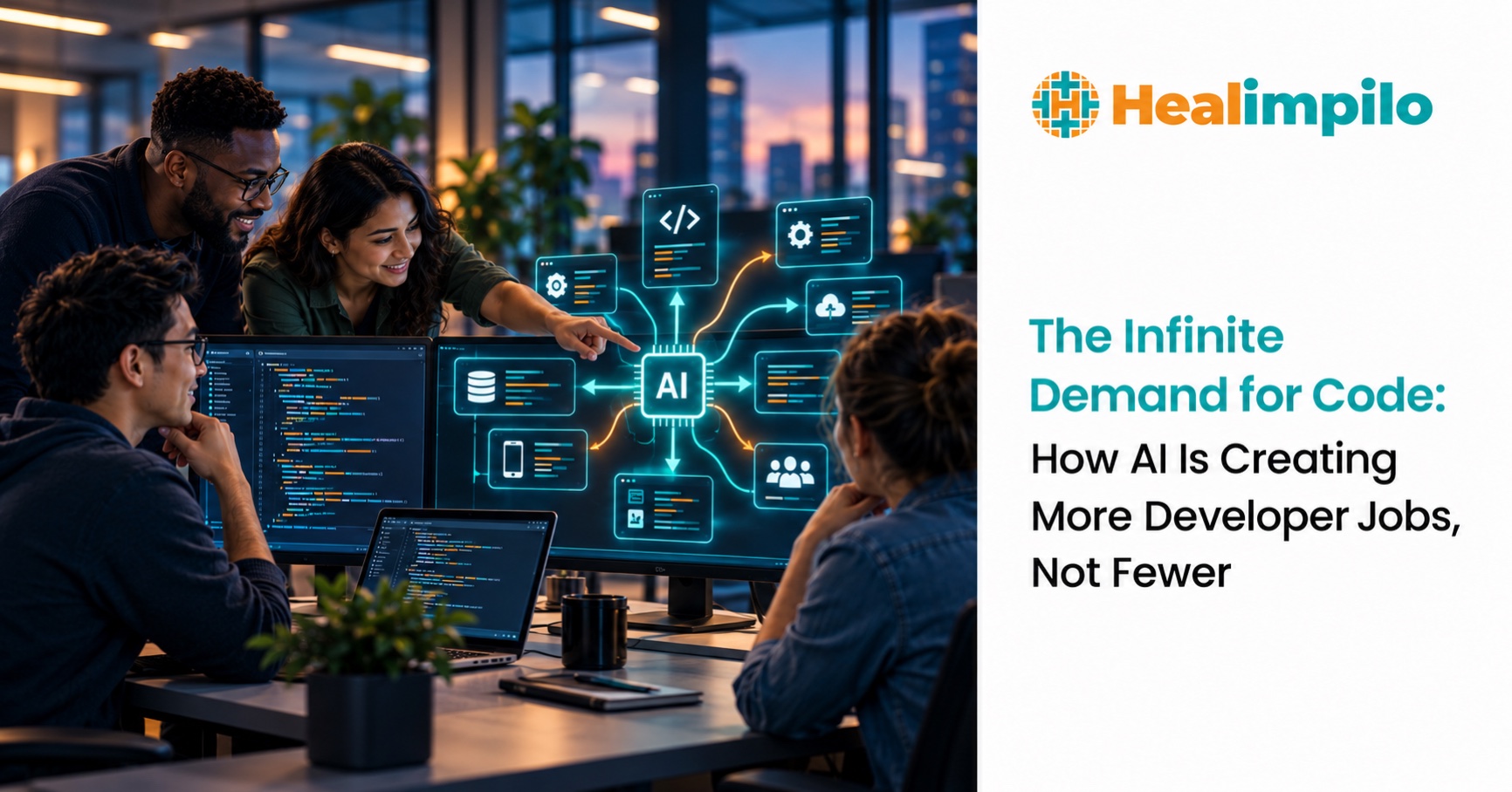 Software engineering team directing an AI-assisted development ecosystem that expands developer opportunities